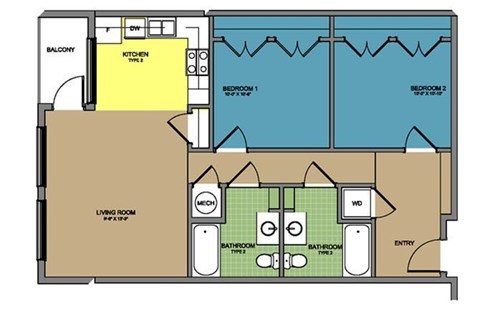 Floor plan for 2 beds, 2 baths, 880 sqft